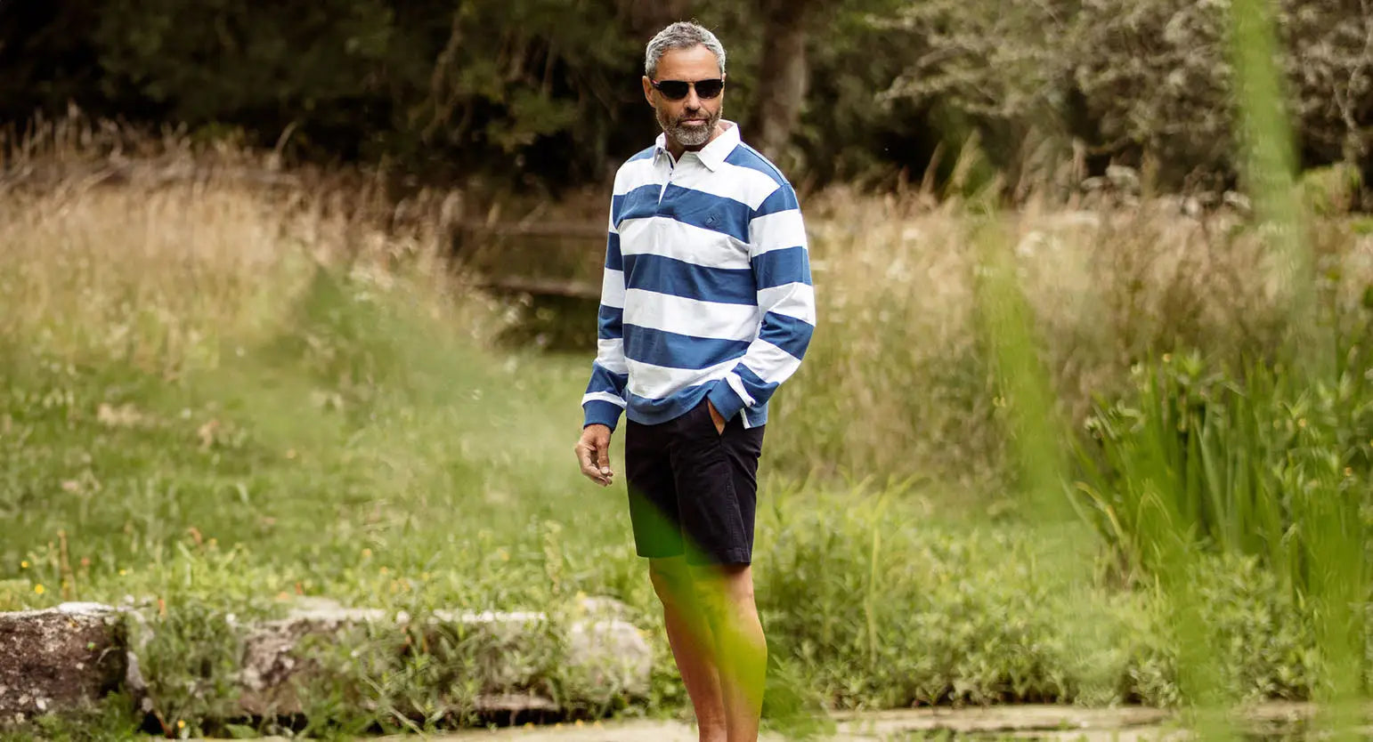 Man in blue and white striped shirt and sunglasses, rocking chino shorts style.