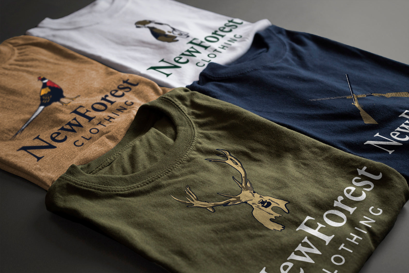 Collection of New Forest t-shirts featuring nature graphics for country clothing lovers.