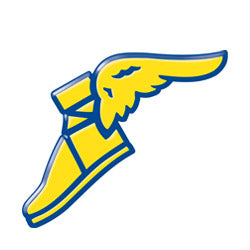 Stylized yellow and blue winged shoe logo in Goodyear collection for outdoorsy country clothing.