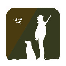 Silhouette of a hunter with dog and birds, embracing country clothing and outdoors vibes.