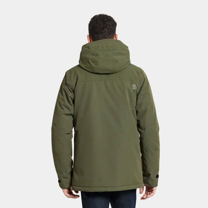 Olive green hooded Didriksons Stefan Jacket back view, perfect for country clothing and hunting