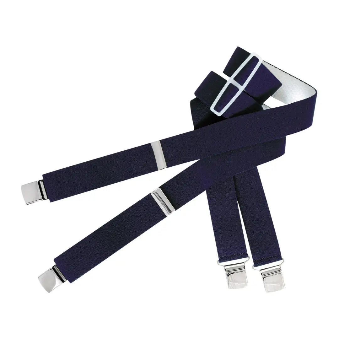 Navy blue heavy duty braces with silver metal clips from Hoggs of Fife