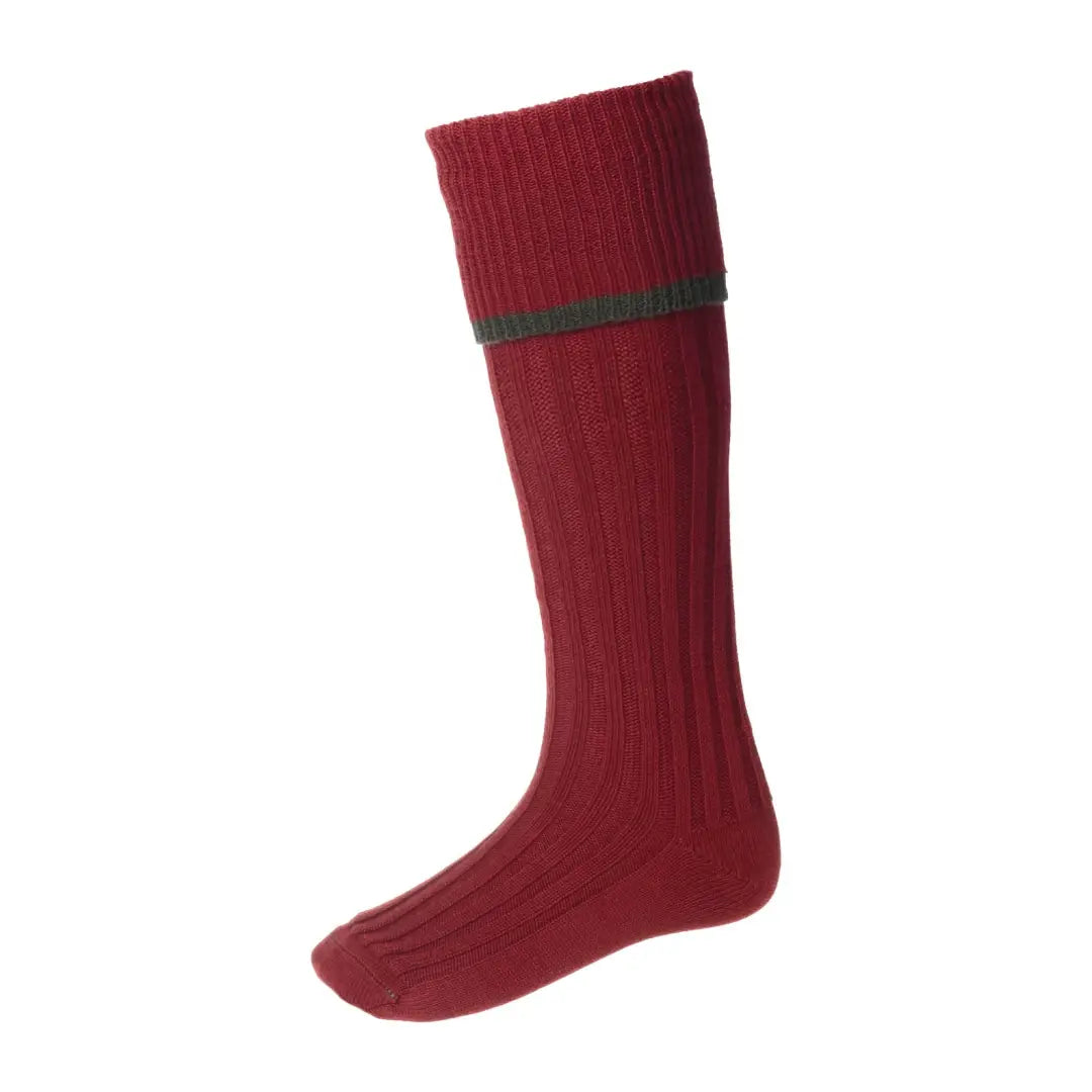 Burgundy knee-high House of Cheviot Estate Field Socks with a dark green band