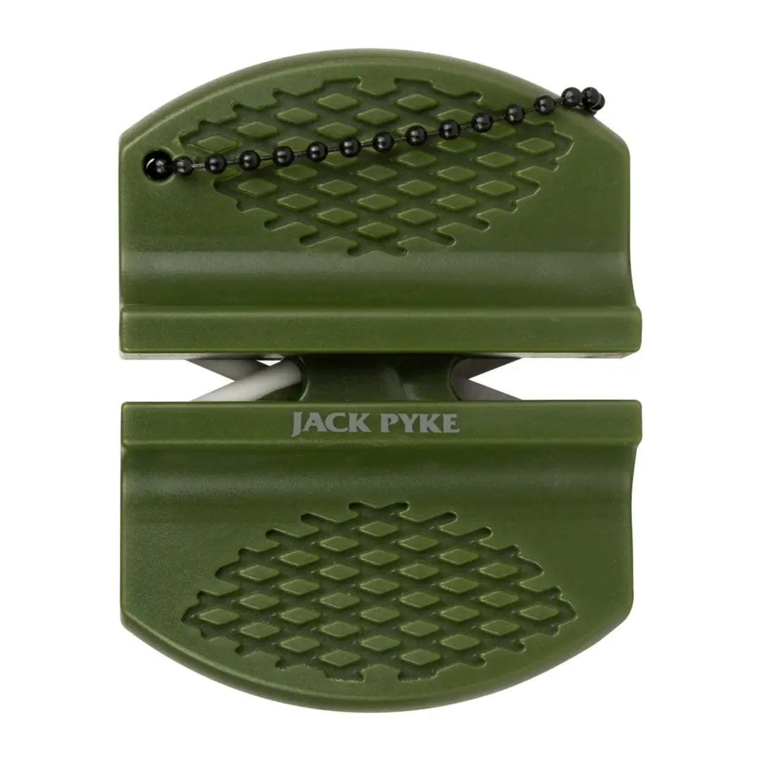 Olive green Jack Pyke knife sharpener with textured surfaces and a metal chain