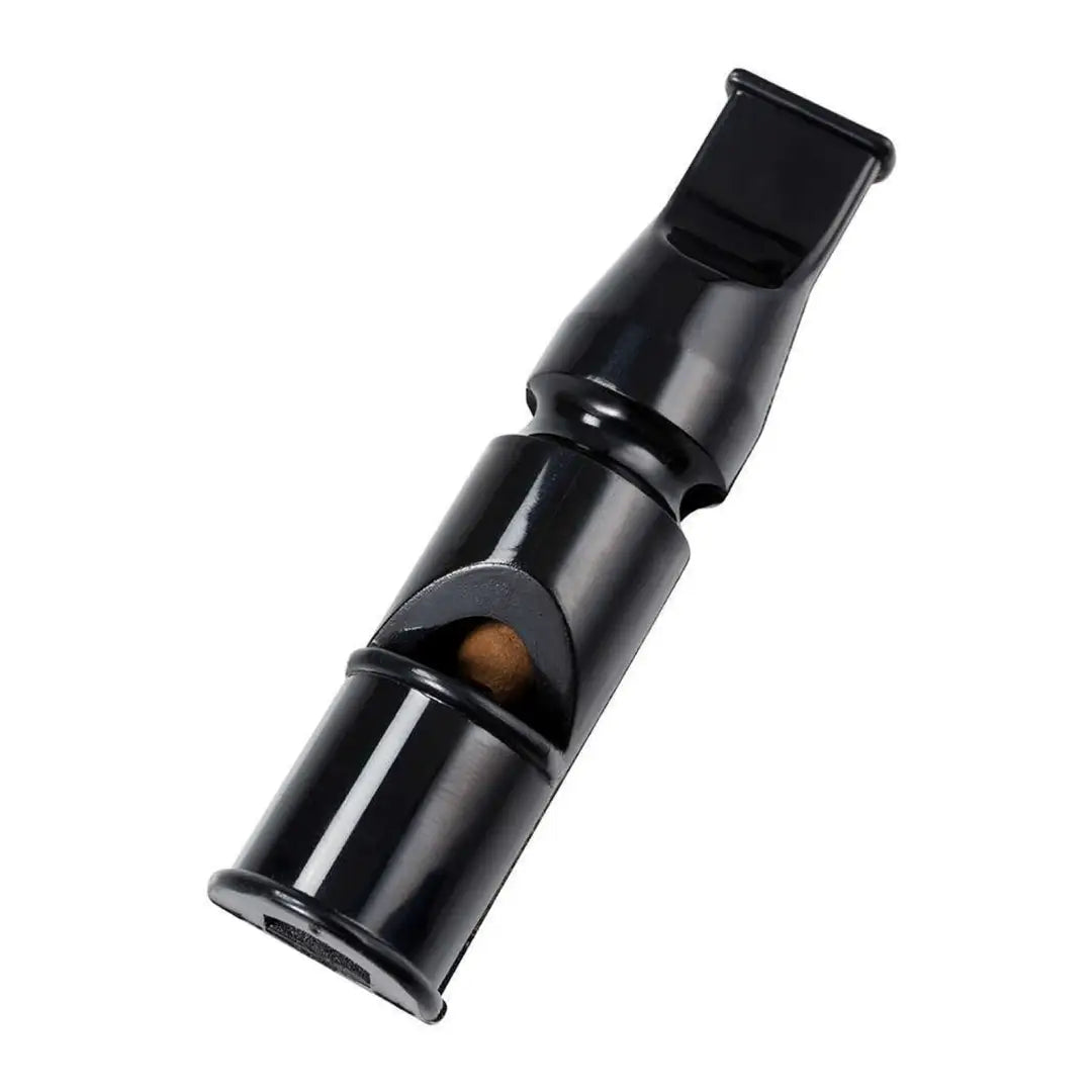 Black plastic dog whistle for training, featuring Acme Double End two pitch design