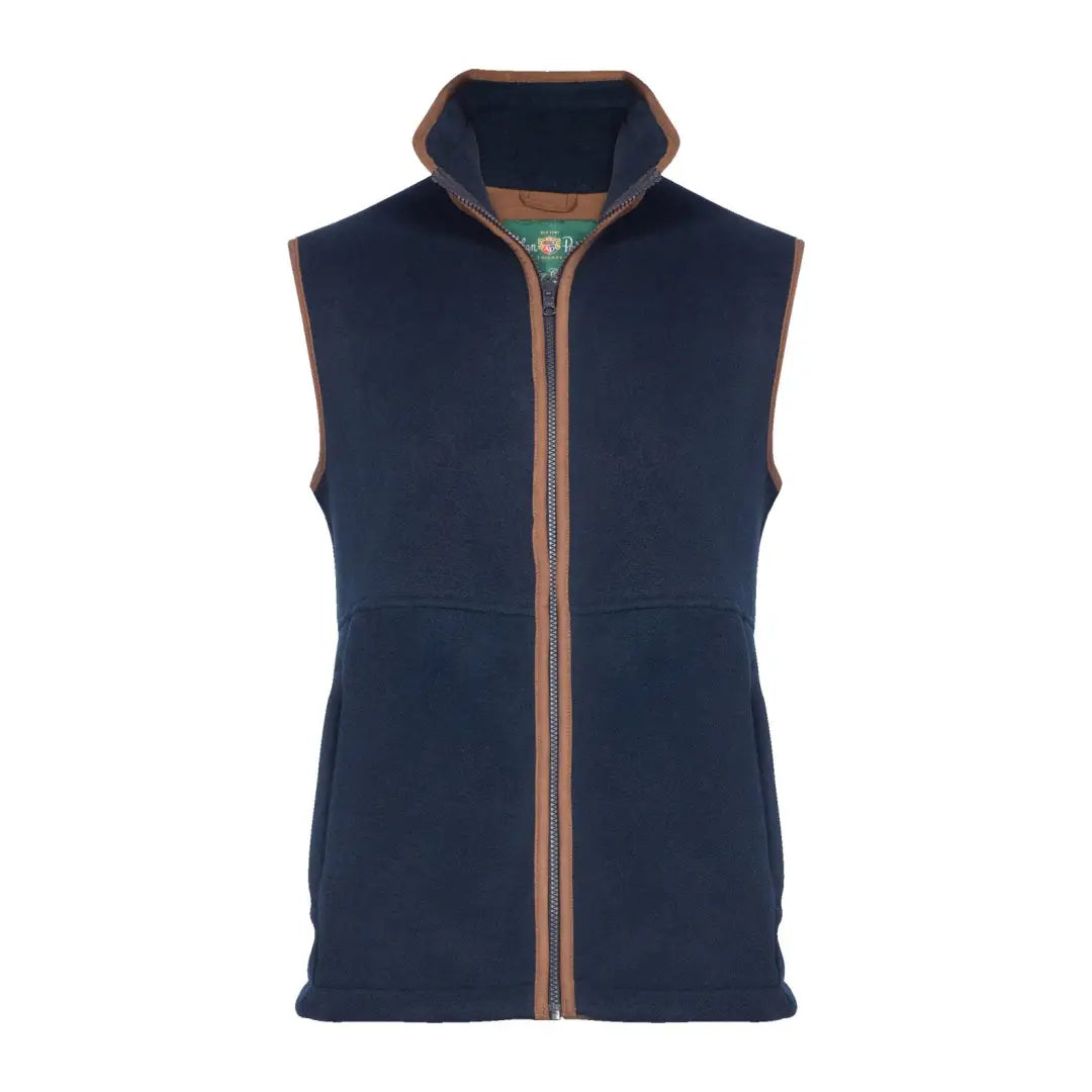 Navy blue sleeveless zip-up fleece waistcoat with brown trim for kids by Alan Paine