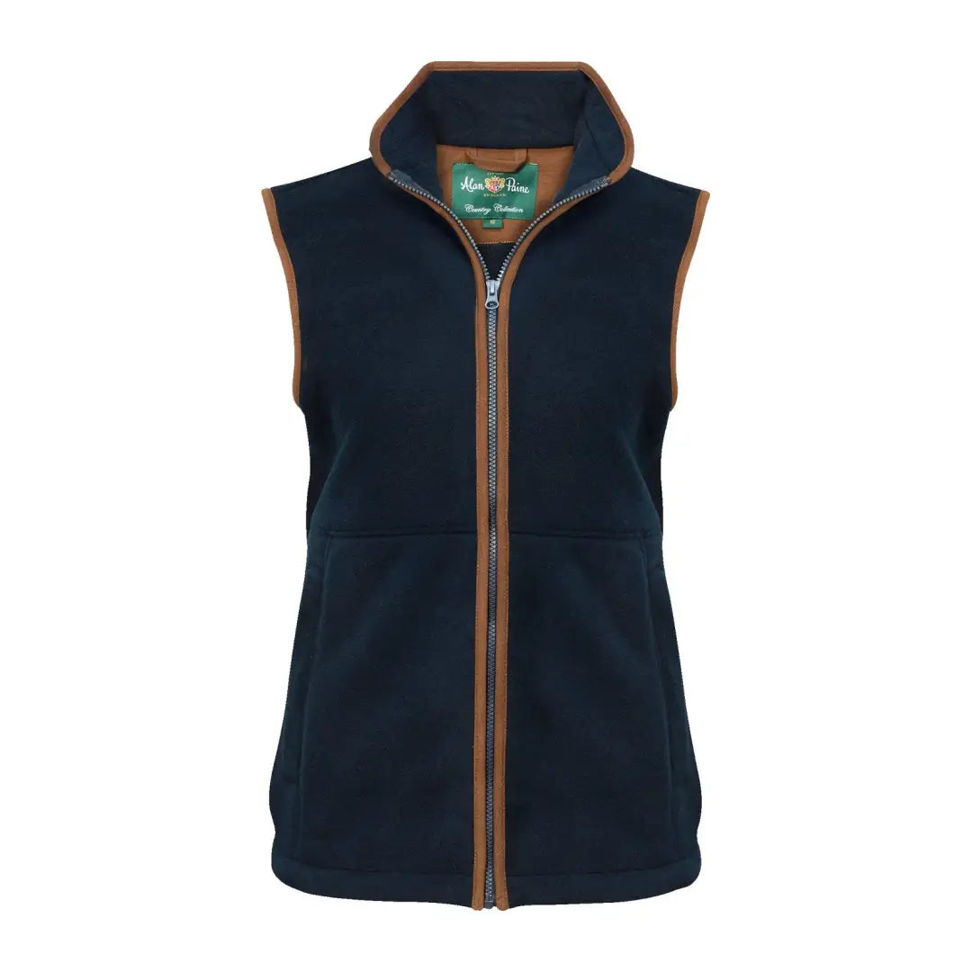 Navy blue fleece vest with brown trim, perfect for layering in the Alan Paine Aylsham collection