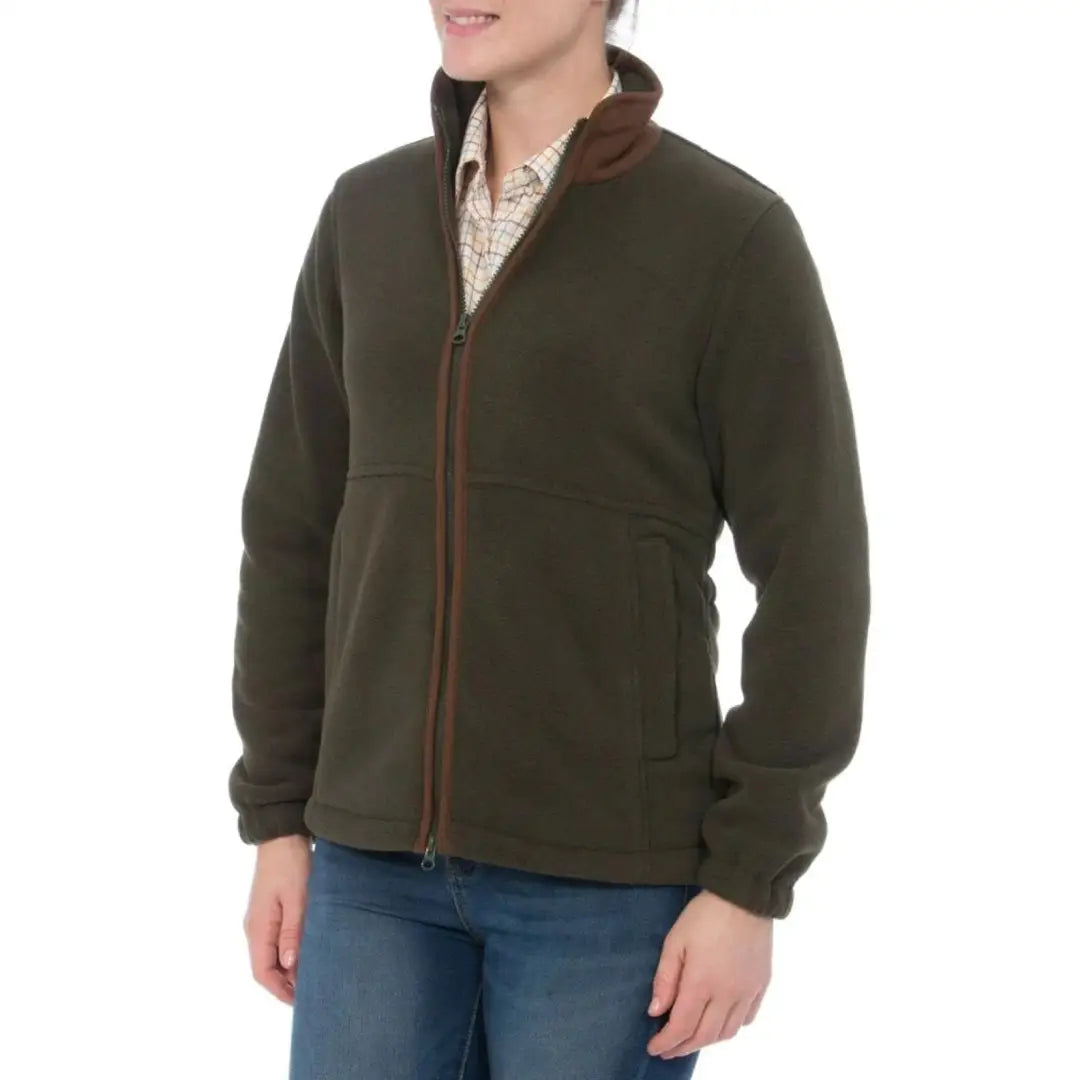 Dark green fleece jacket with brown collar and zipper from Alan Paine Aylsham