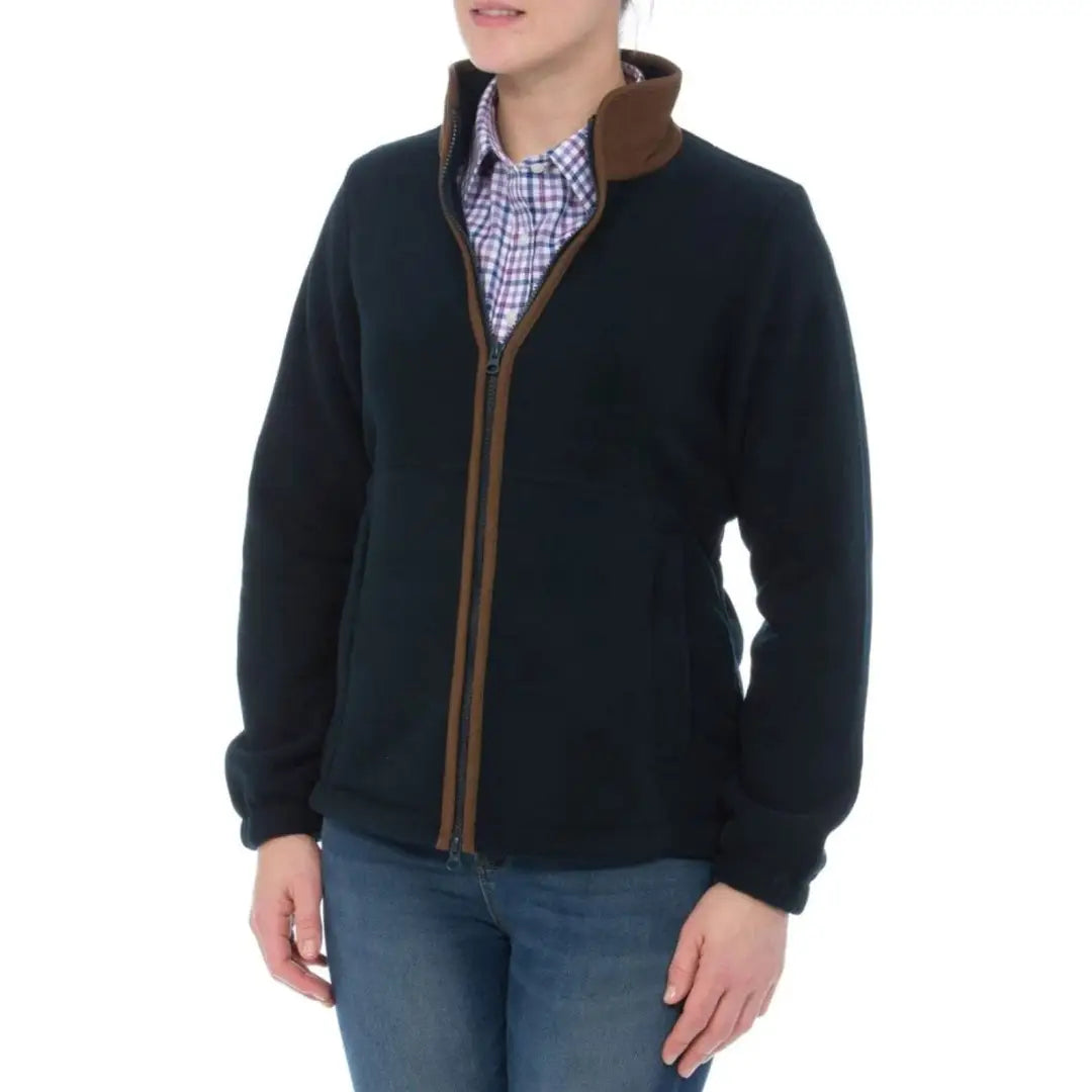 Navy blue fleece jacket with brown collar and trim, Alan Paine Aylsham Ladies style