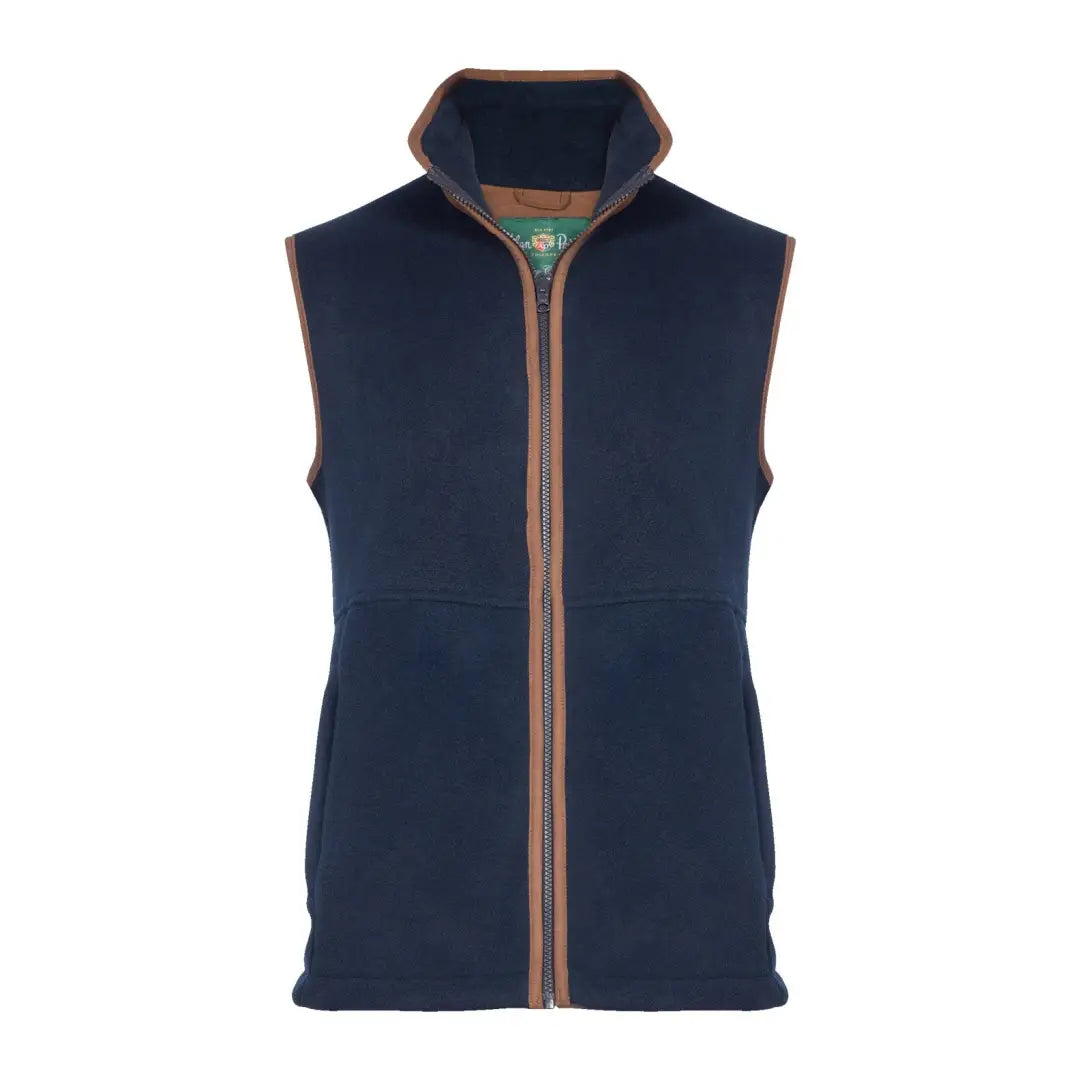 Navy blue sleeveless Alan Paine Aylsham fleece gilet with brown zipper and trim