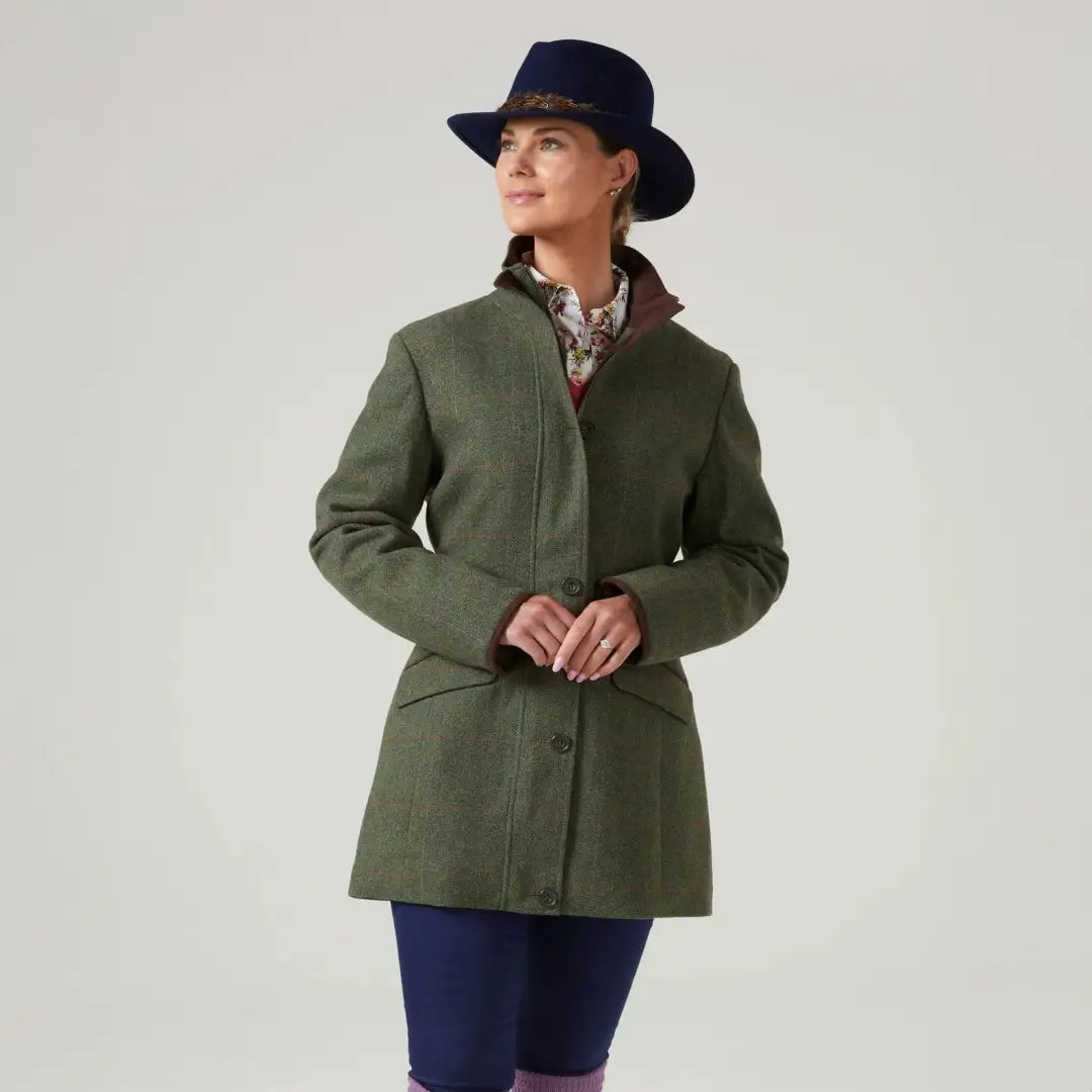 Green wool field jacket with a stand-up collar and two flap pockets