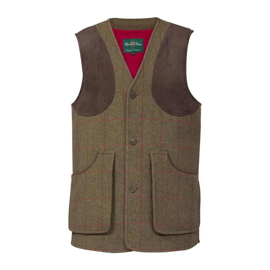 Olive green Alan Paine Combrook men’s tweed vest with pockets and red lining