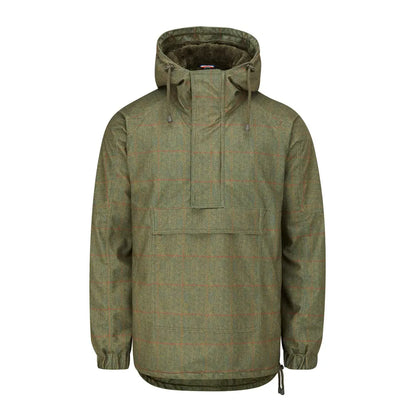 Olive green hooded pullover jacket with faux fur lining and drawstring waist from Alan Paine