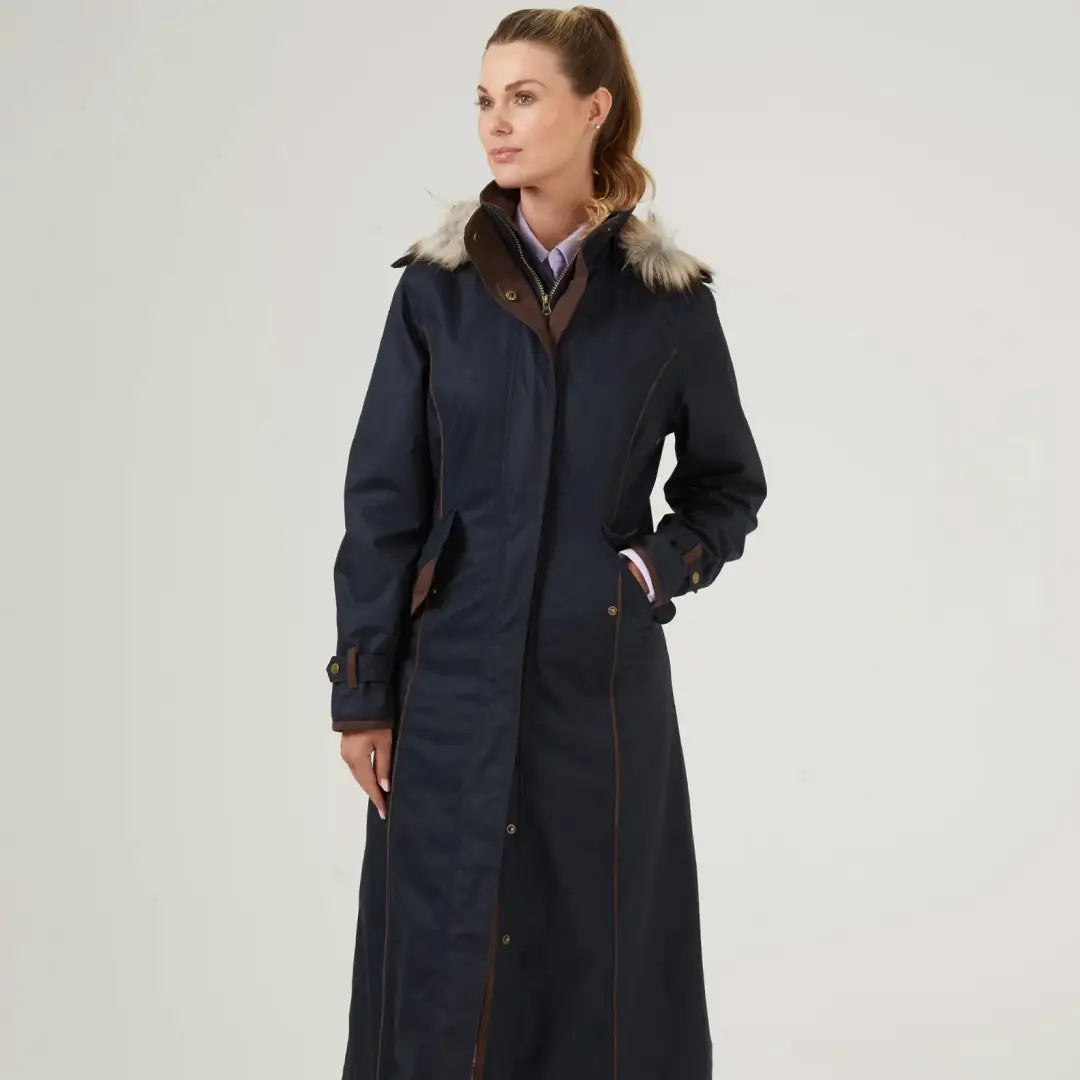 Long navy blue Alan Paine Fernley Ladies Waterproof Long Coat with fur-trimmed hood