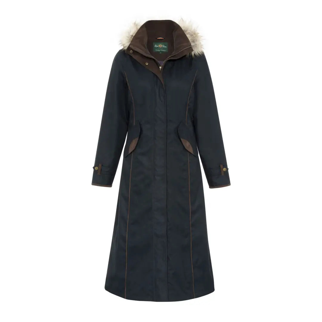 Long navy blue Alan Paine Fernley ladies waterproof coat with fur-trimmed hood