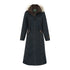 Long navy blue Alan Paine Fernley ladies waterproof coat with fur-trimmed hood