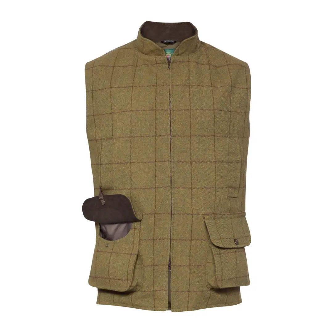 Quilted olive green Alan Paine Rutland men’s tweed waistcoat with pockets and checkered design