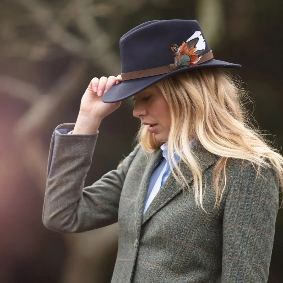 Navy blue Alan Paine Richmond Felt Feather Hat with stylish feather accent