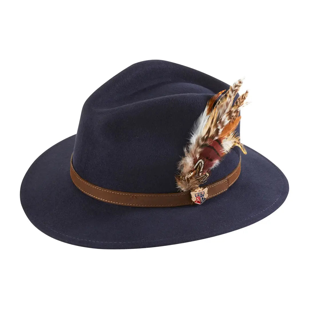 Navy blue fedora hat with leather band and feathers for stylish country clothing outdoors