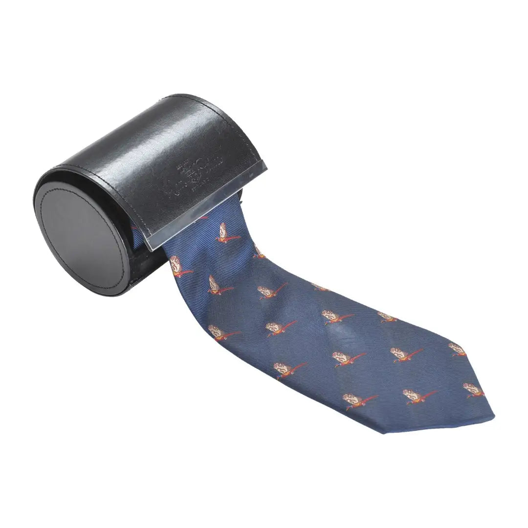 Navy silk tie with orange fish pattern from Alan Paine’s Flying Pheasant collection