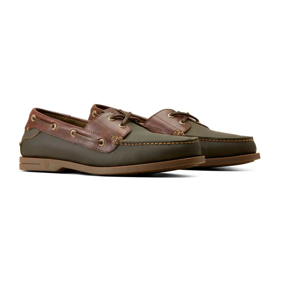 Ariat Antigua Boat Shoes in brown and olive green, perfect for country clothing and outdoors