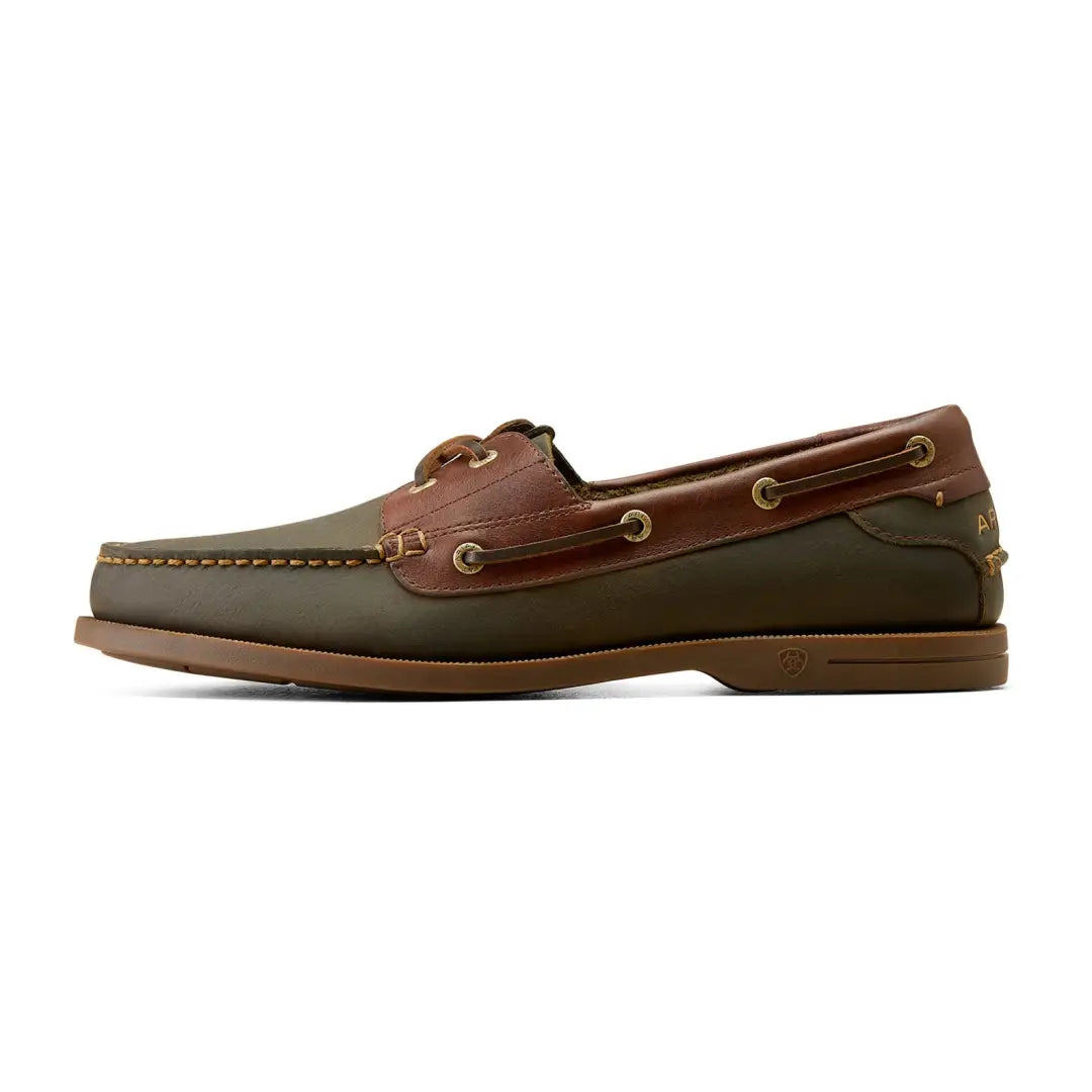 Classic Ariat Antigua Boat Shoes in olive green and brown for stylish country clothing adventures