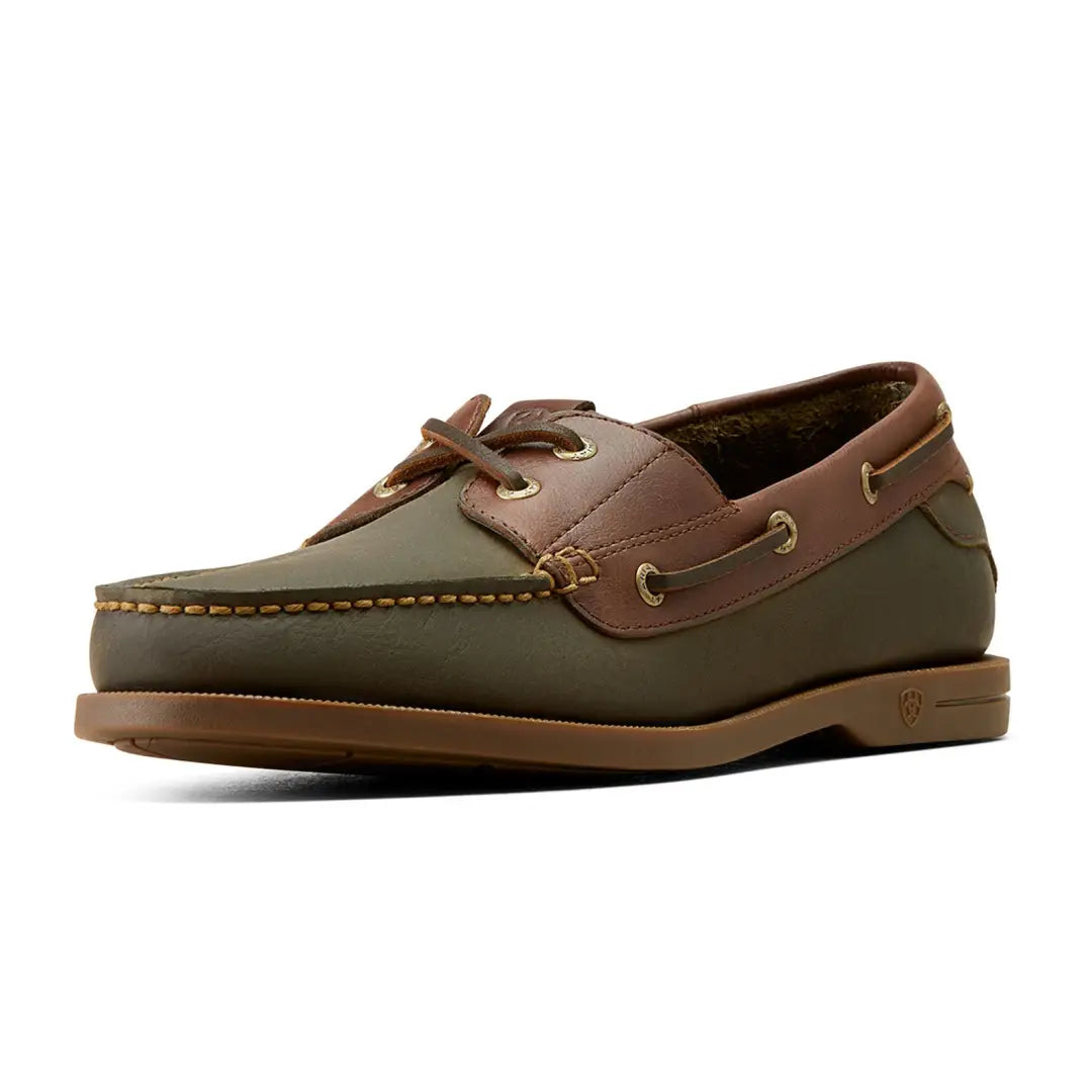 Classic Ariat Antigua Boat Shoes in olive green and brown, perfect for outdoors and country clothing