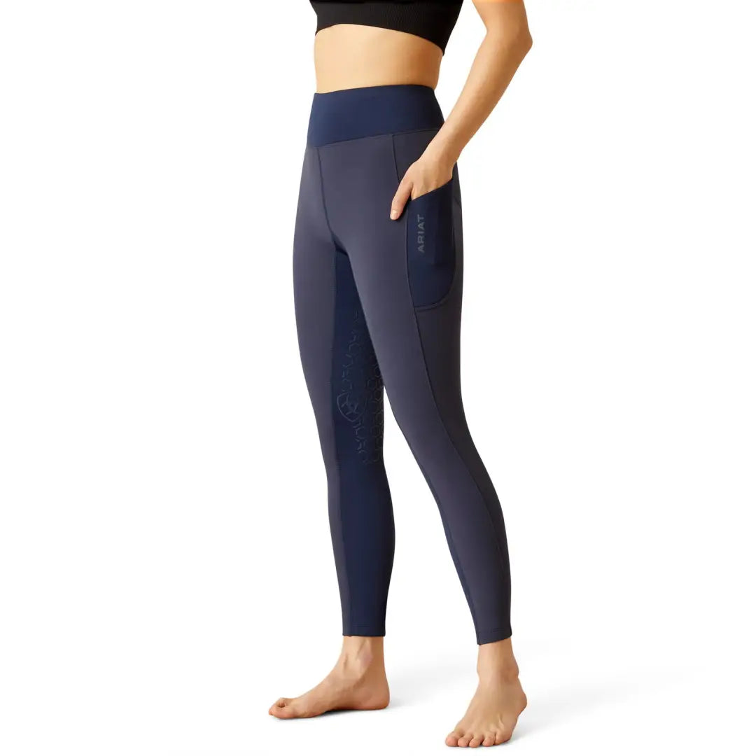 Navy blue high-waisted athletic leggings with pockets for country clothing and outdoor adventures