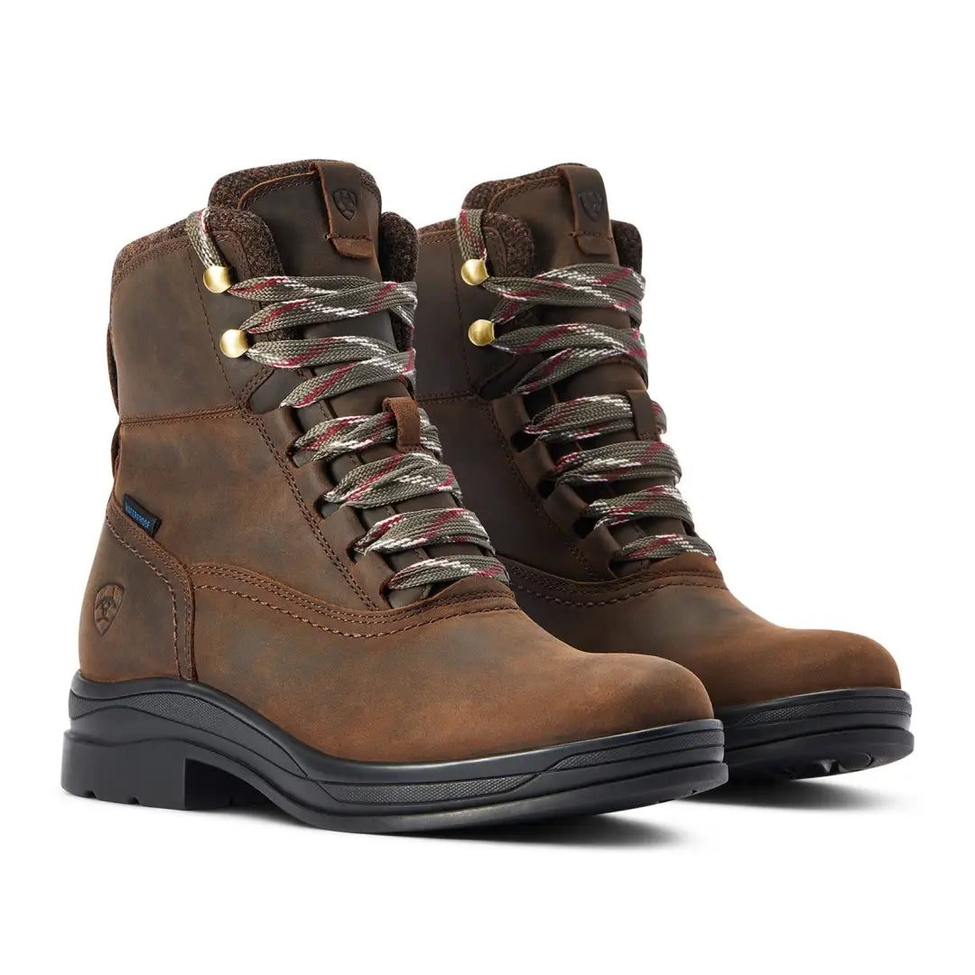 Ariat Harper Waterproof Boots featuring brown leather and thick soles for hiking