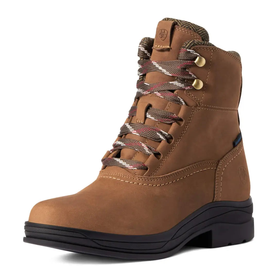 Brown leather Ariat Harper Waterproof Boot with laces and a thick sole