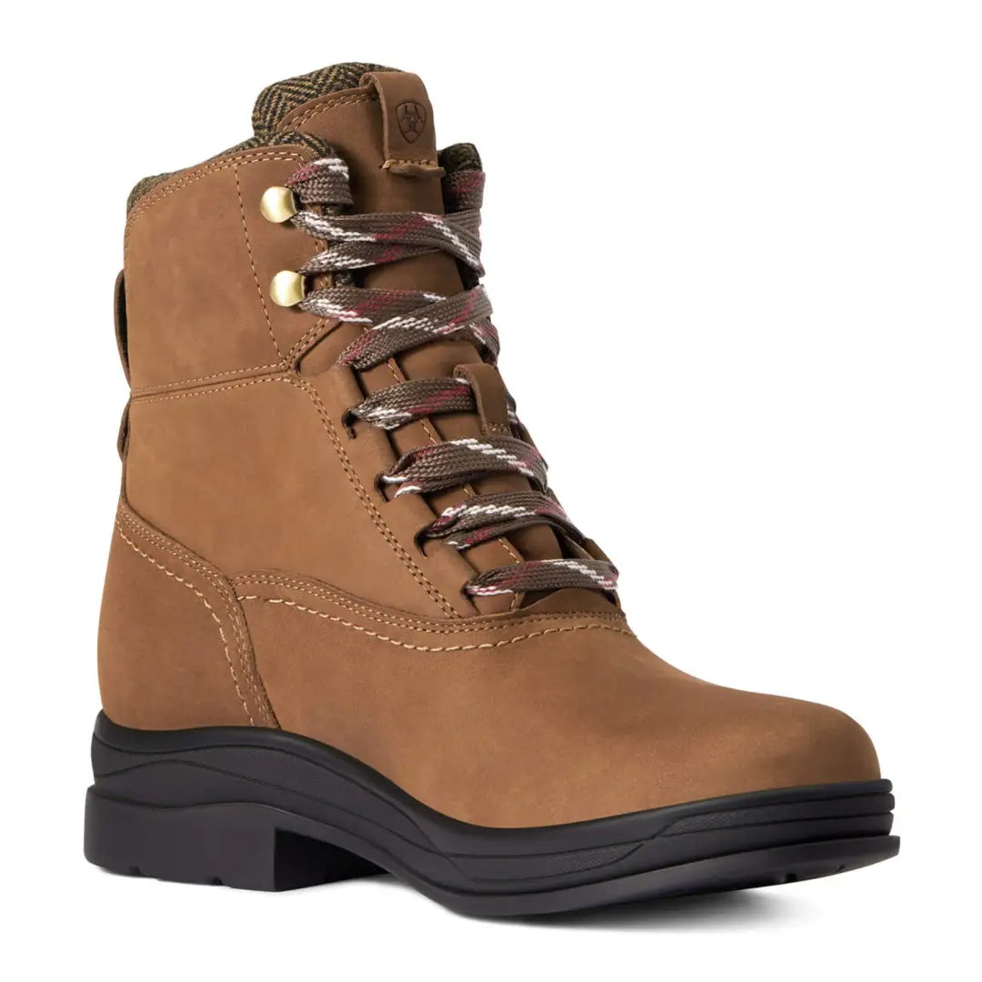 Tan Ariat Harper Waterproof Boots with laces and thick black sole for rugged style