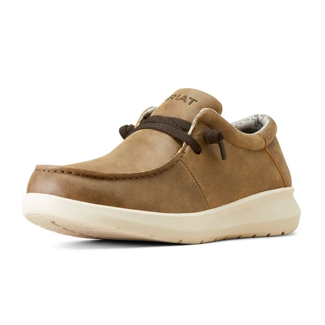 Tan super-soft leather casual shoe with thick white sole and brown laces, Ariat Hilo