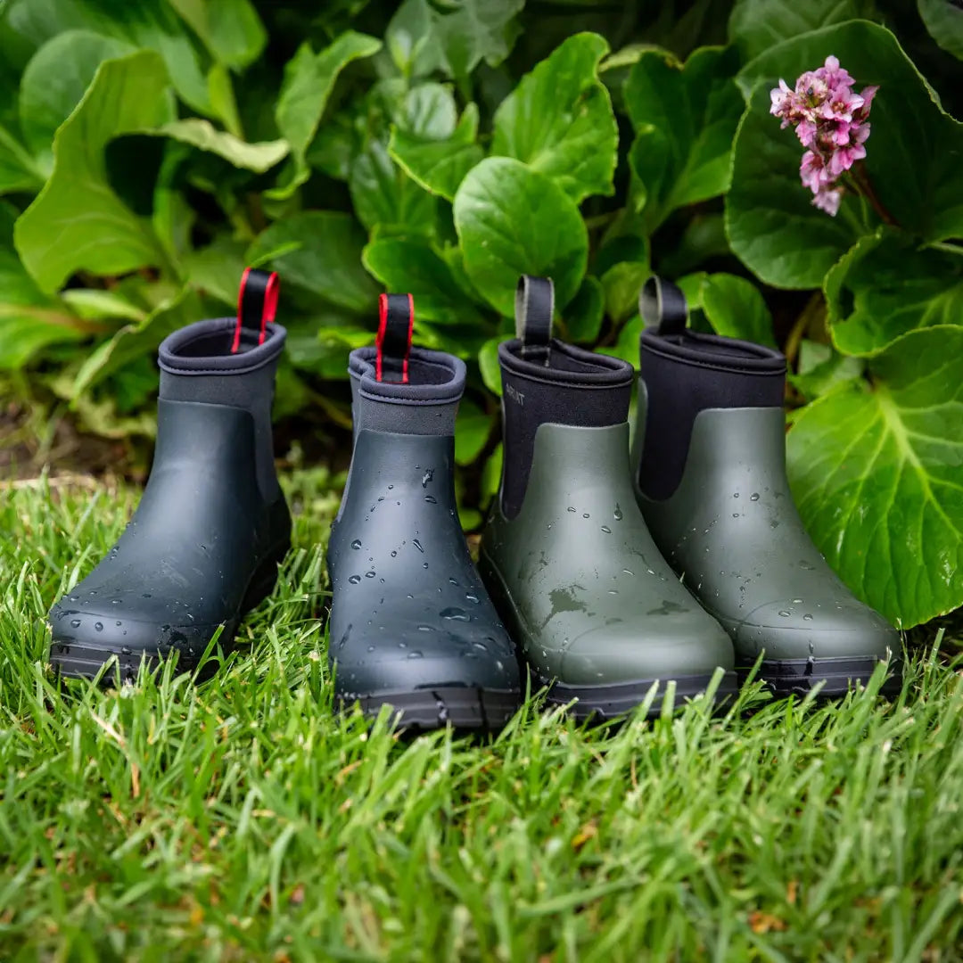 Four pairs of dark Kelmarsh Shortie Rubber Boots for country clothing and hunting