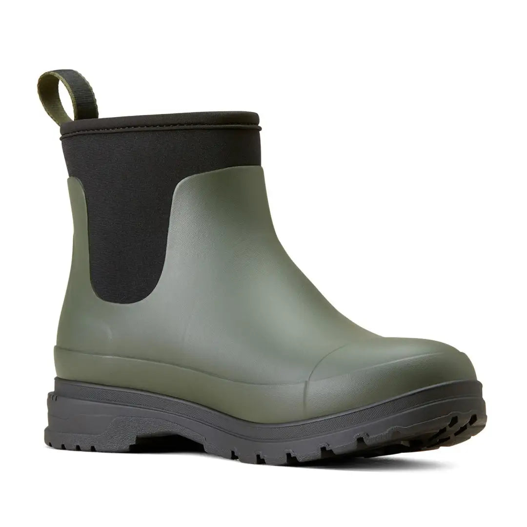 Olive green Kelmarsh Shortie rain boots with rugged sole, perfect for country clothing and hunting