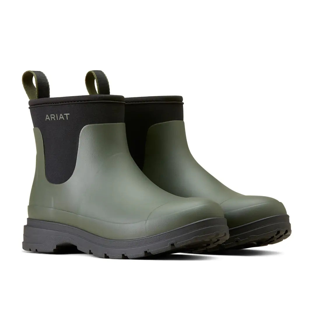 Olive green Ariat Kelmarsh Shortie Rubber Boots with black trim for country clothing and hunting