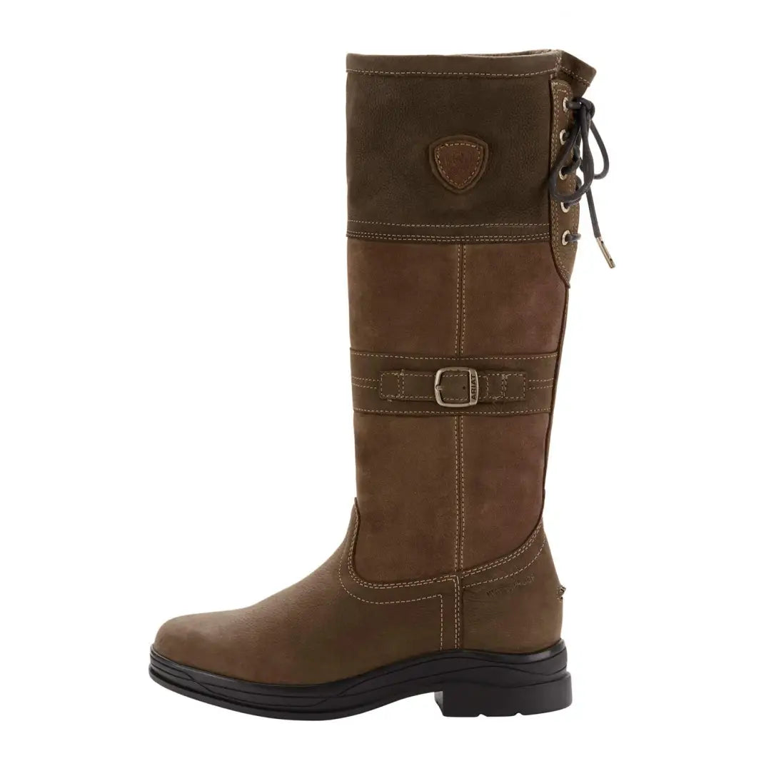 Tall brown leather Ariat Ladies Langdale Waterproof Boots with buckled strap and lace-up back