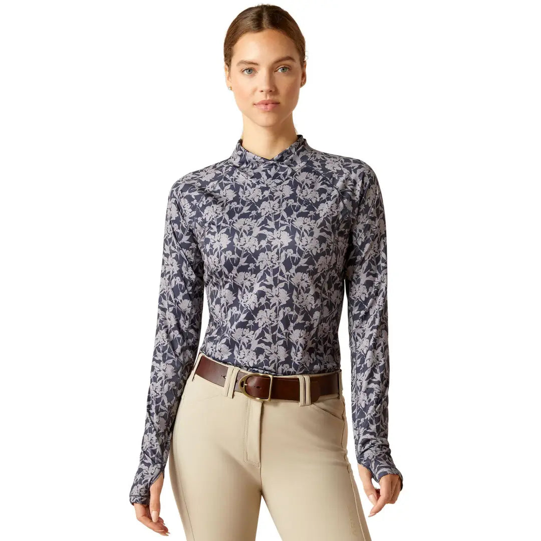 Floral patterned long-sleeved shirt with mock turtleneck for country clothing outdoors