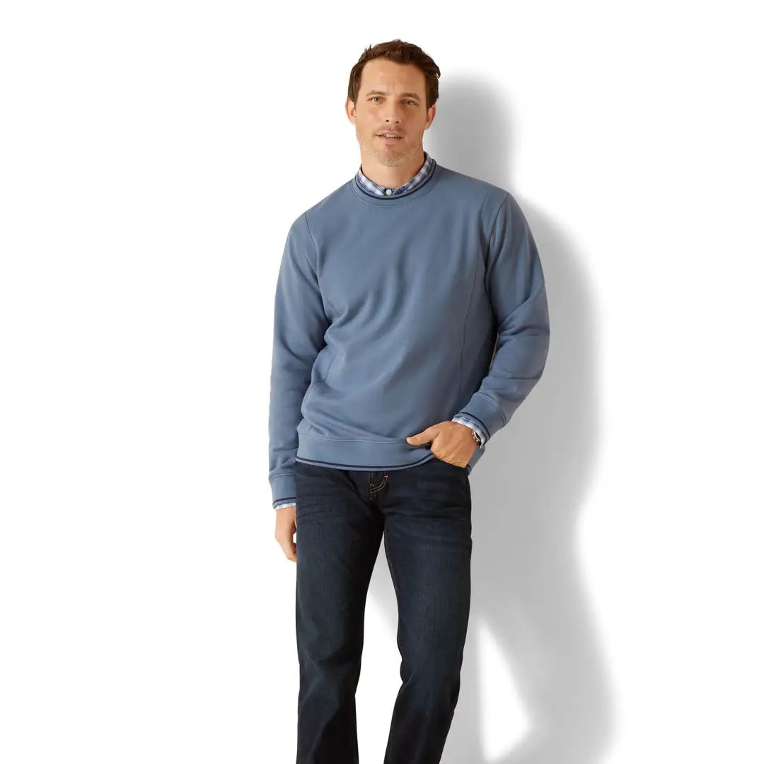 Blue crewneck sweater over a collared shirt, perfect for country clothing and outdoors