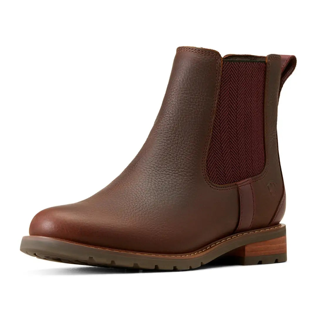 Brown leather Ariat Wexford Waterproof Boots with burgundy elastic and rugged sole