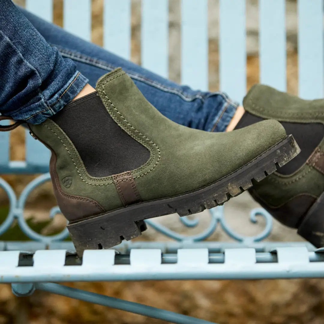 Green suede Chelsea boots with rugged soles from Ariat Wexford Lug Waterproof line