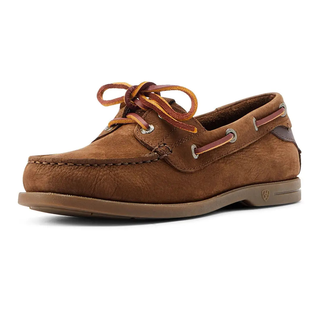 Brown leather Ariat Womens Antigua Boat Shoes with laces and moccasin-style stitching