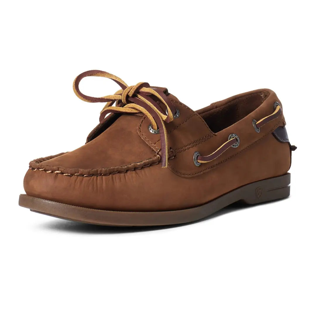 Stylish Ariat Womens Antigua boat shoes in brown leather with laces and moccasin toe