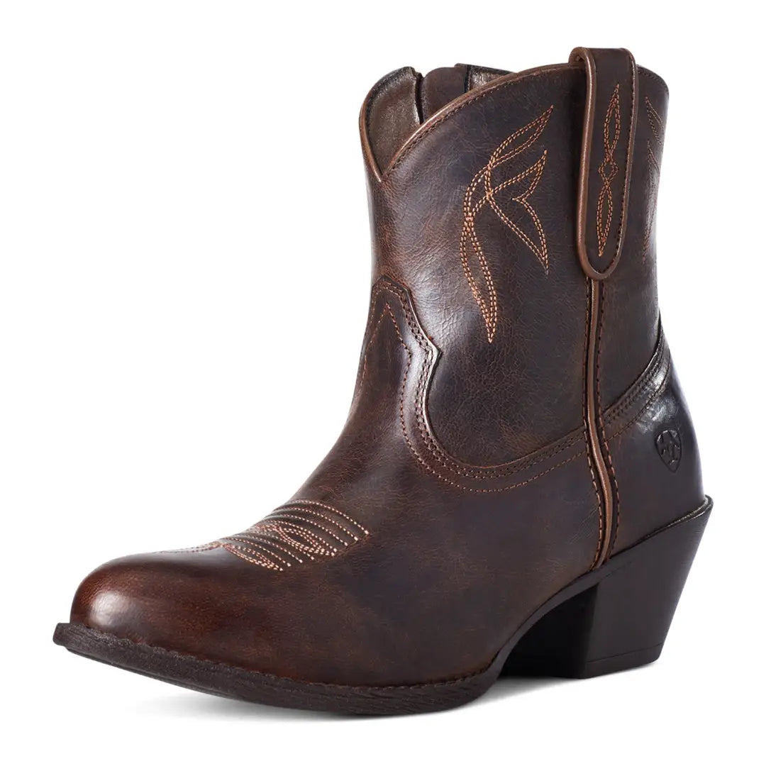 Brown leather cowboy boot with stitching, perfect for country clothing and the outdoors