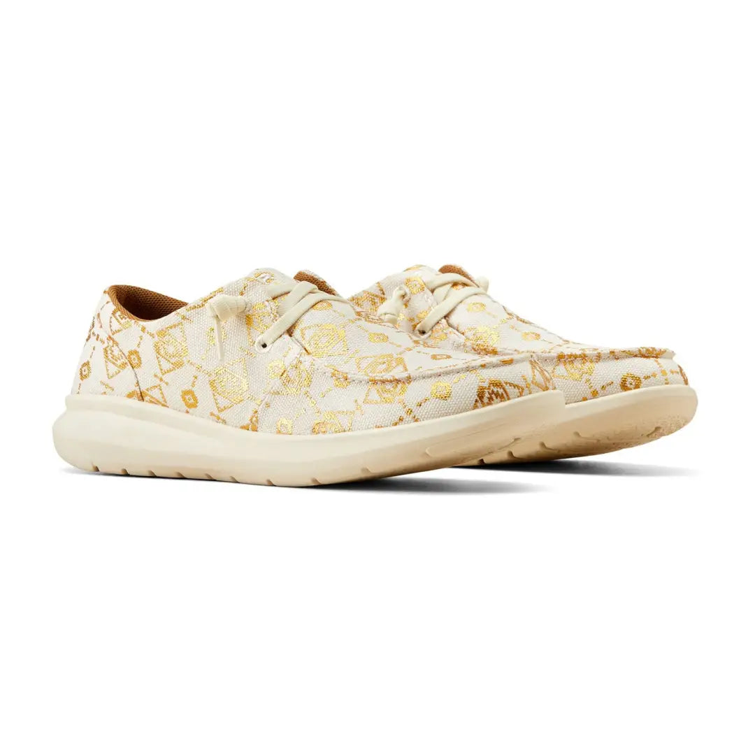 Casual boat shoe with floral cream and gold for country clothing and outdoor adventures