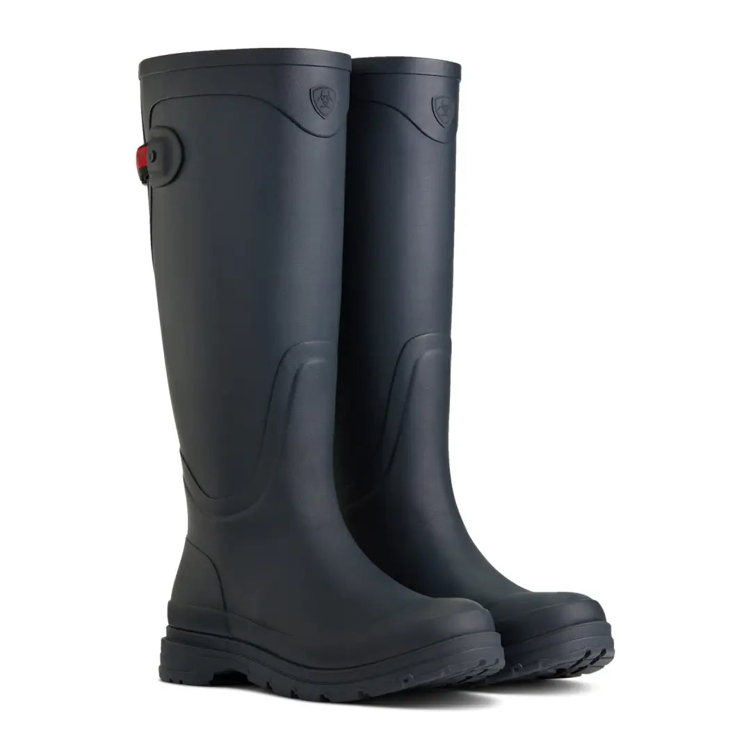 Tall black Ariat Womens Kelmarsh Wellington Boots with stylish red accents