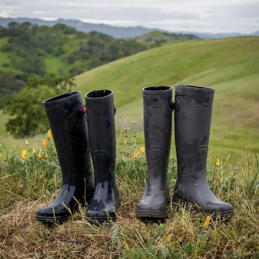 Two pairs of Ariat Womens Kelmarsh Wellington Boots in green grass