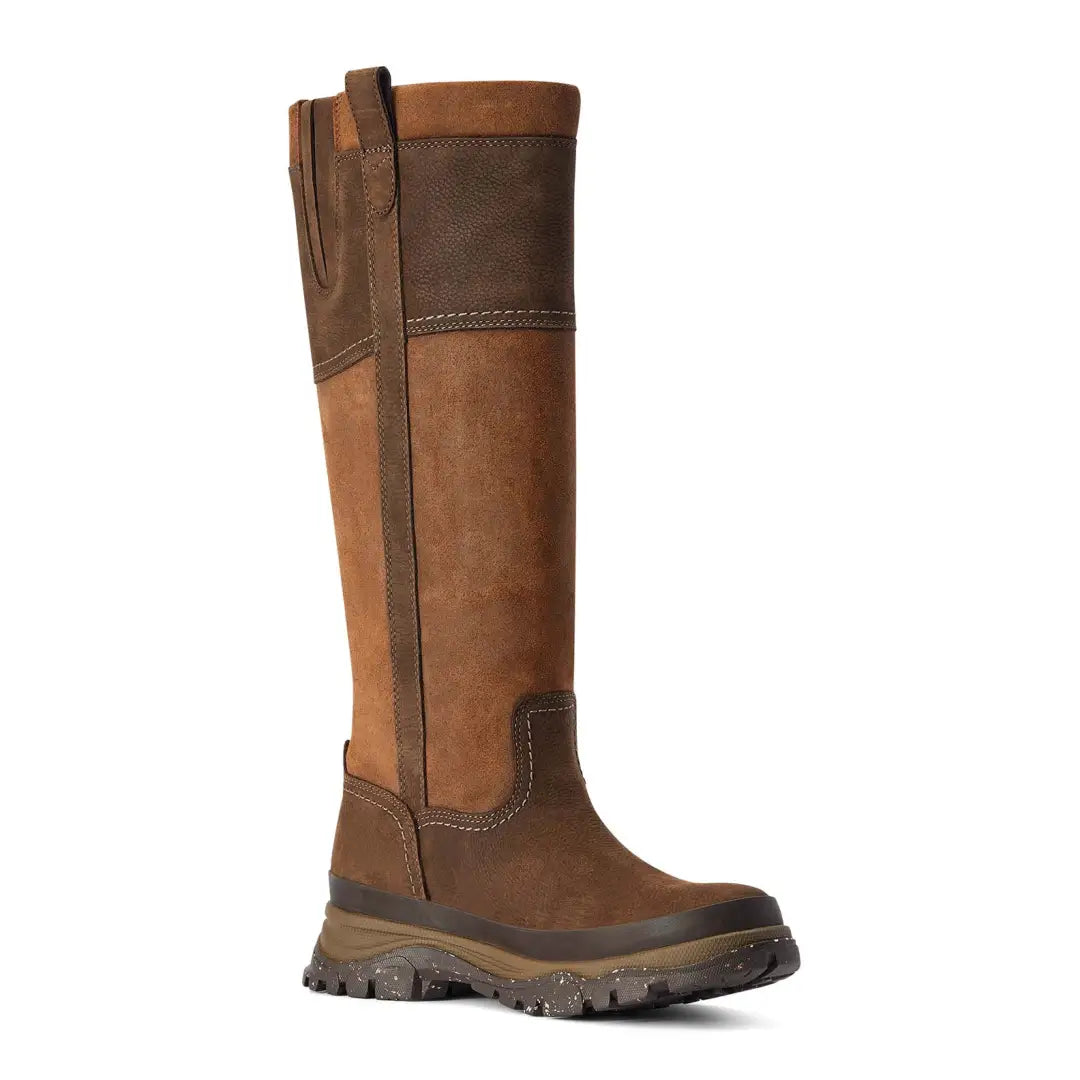 Tall waterproof Ariat Womens Moresby boots in brown leather, perfect for country clothing and hunting