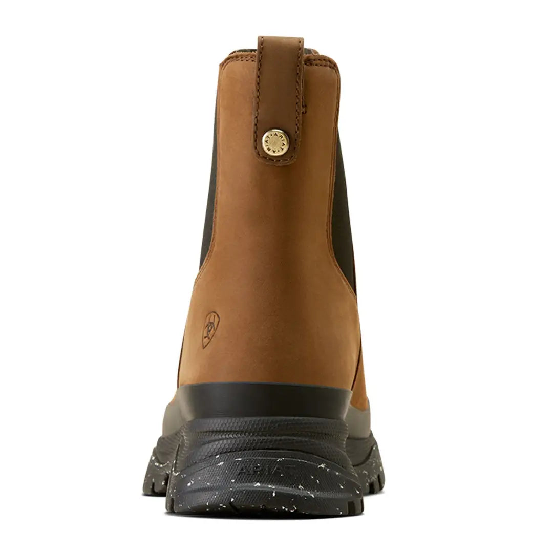 Brown leather ankle boot with chunky sole, perfect for country clothing and outdoor adventures