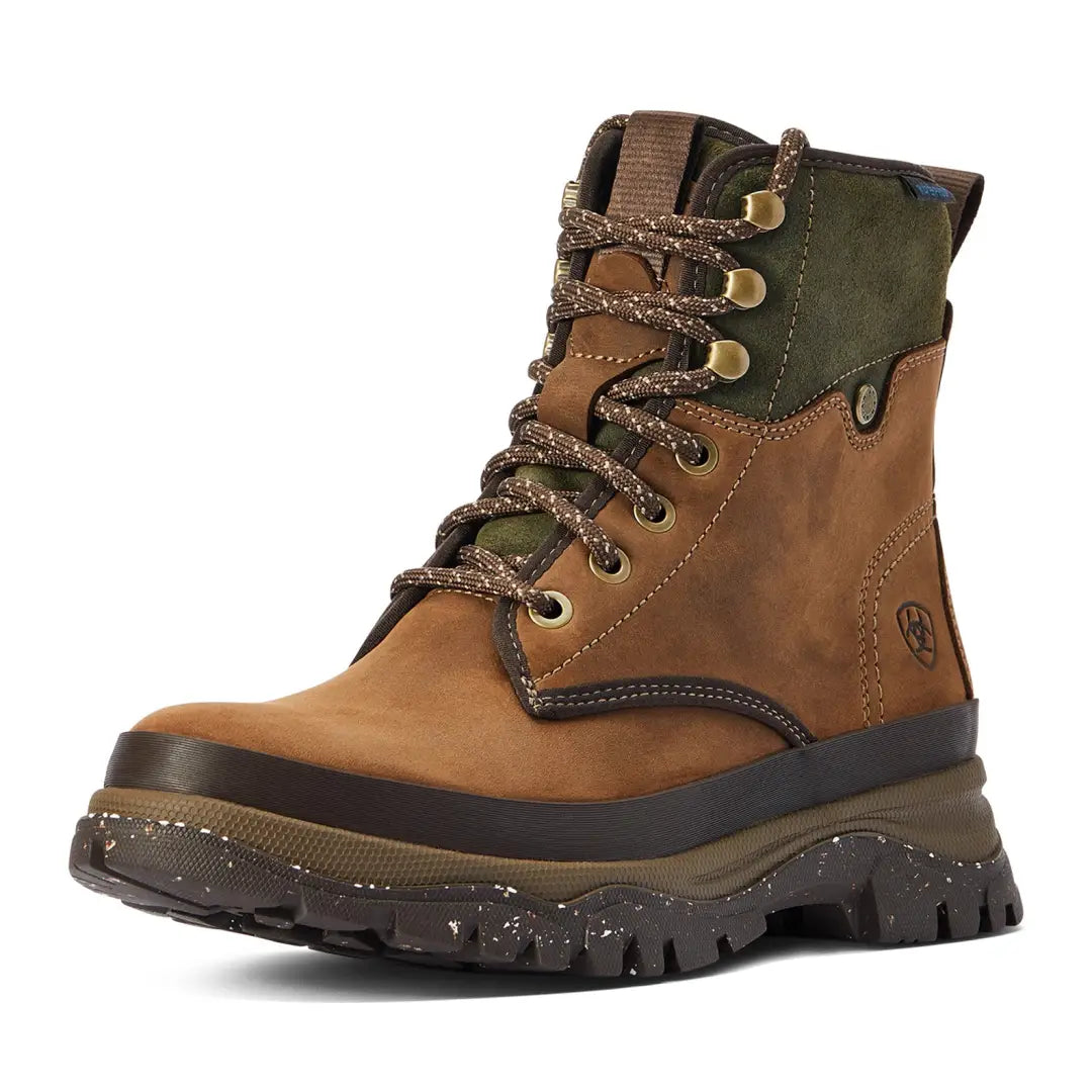 Rugged brown and green leather Ariat Womens Moresby Waterproof Boots for outdoors adventures