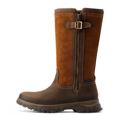 Tall brown leather Moresby Zip waterproof boots with side zipper and buckle strap perfect for country clothing